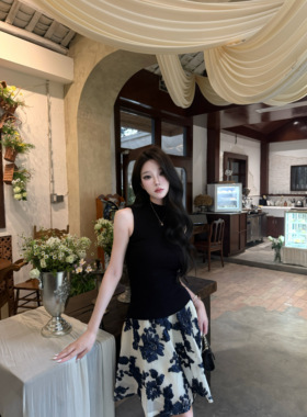 AWMUMU法式名媛风蓝色刺绣花朵半身裙女修身显瘦高腰蓬蓬裙短裙子