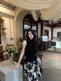 AWMUMU法式名媛风蓝色刺绣花朵半身裙女修身显瘦高腰蓬蓬裙短裙子
