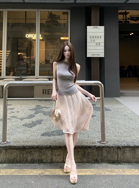 AWMUMU法式高智感套装女温柔风无袖针织上衣女雪纺半身裙女两件套