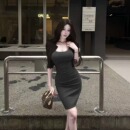 AWMUMU 灰色高腰半身裙女御姐高智风修身弹力西装包臀短裙a字裙子