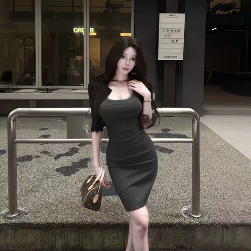 灰色高腰半身裙女包臀短裙