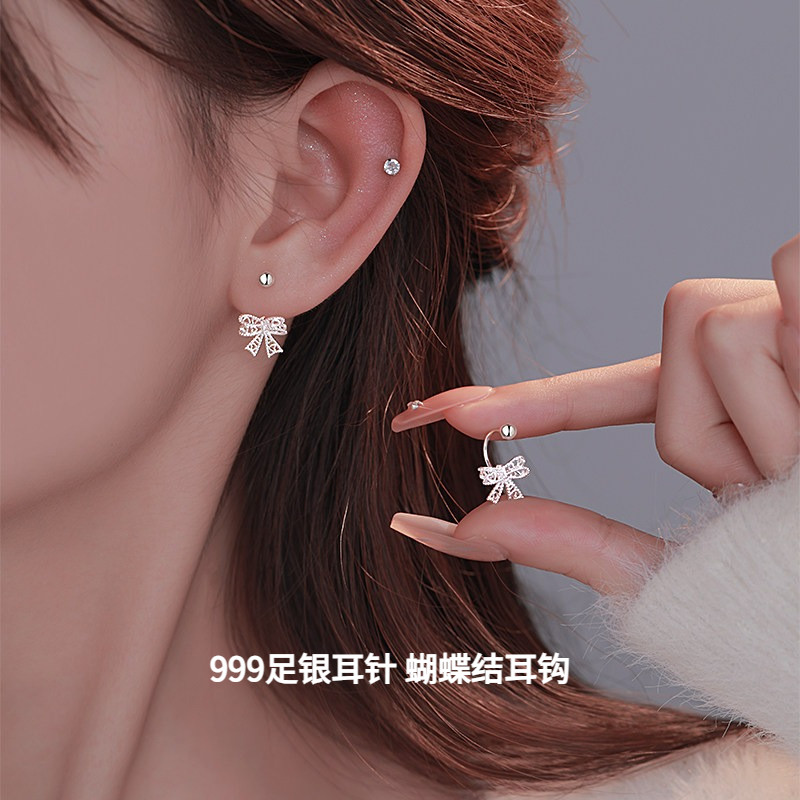 999足银耳针蝴蝶结耳环女小众耳钉