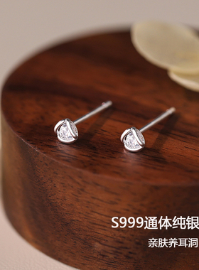 999足银锆石耳钉高级感精致小巧养耳洞睡觉洗澡免摘送精美礼盒