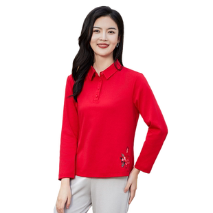 葵牌秋季新品翻领长袖妈妈装棉T恤上衣中年40岁50岁针织衫女