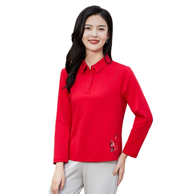 葵牌秋季新品翻领长袖妈妈装棉T恤上衣中年40岁50岁针织衫女