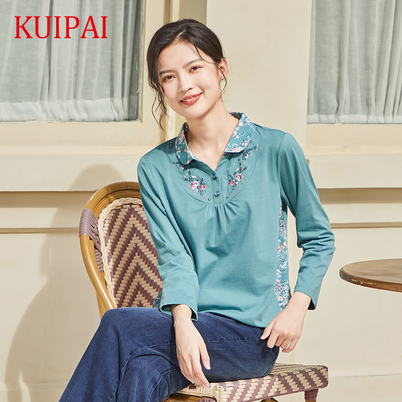 葵牌中年妈妈长袖t恤棉弹秋季国风绣花上衣女休闲百搭翻领打底衫