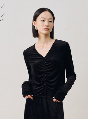 佐料原创设计时尚简约V领修身气质黑丝绒套头衫上衣女装ZDB4V324