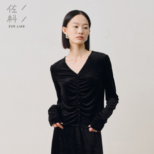 上衣女装 气质黑丝绒套头衫 ZDB4V324 简约V领修身 佐料原创设计时尚