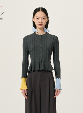 佐料原创设计时尚简约圆领撞色修身长袖针织开衫上衣女装ZDC1Y378