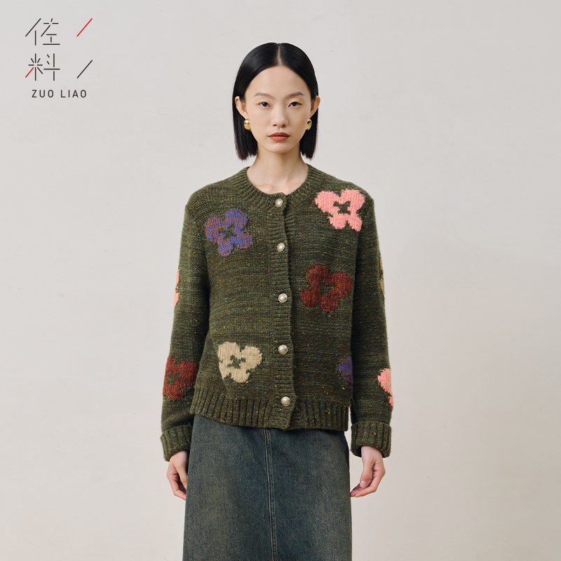 蝴蝶花绵羊毛毛织开衫佐料单排扣