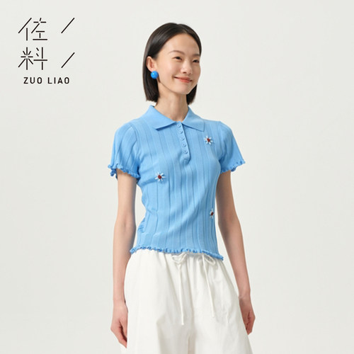 佐料针织套头衫短袖polo领绣花