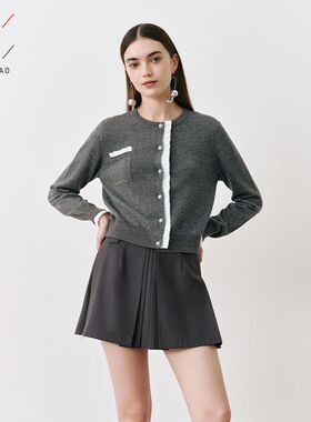 佐料原创设计时尚简约气质圆领撞色拼接毛织开衫上衣女装ZDB3S390