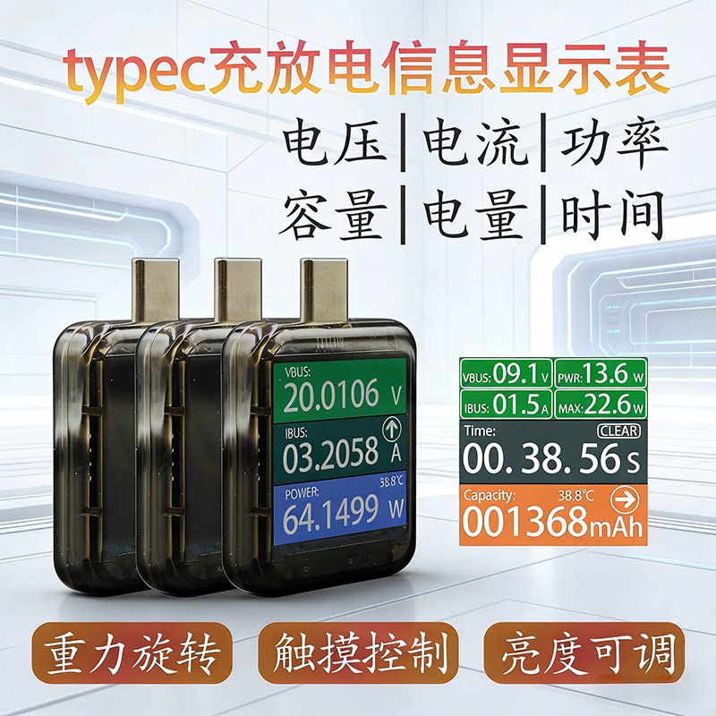 Typec电压电流表 USB功率计 电流表 充电监测 手机快充检测仪