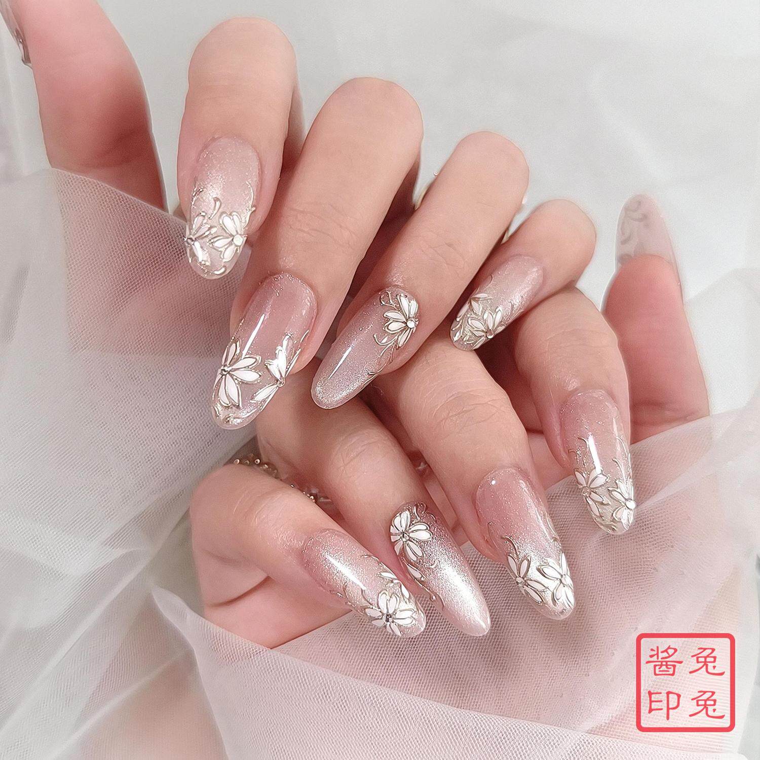 【轻纱入画】花朵仙女温柔高级猫眼手绘中式国风·纯手工穿戴甲