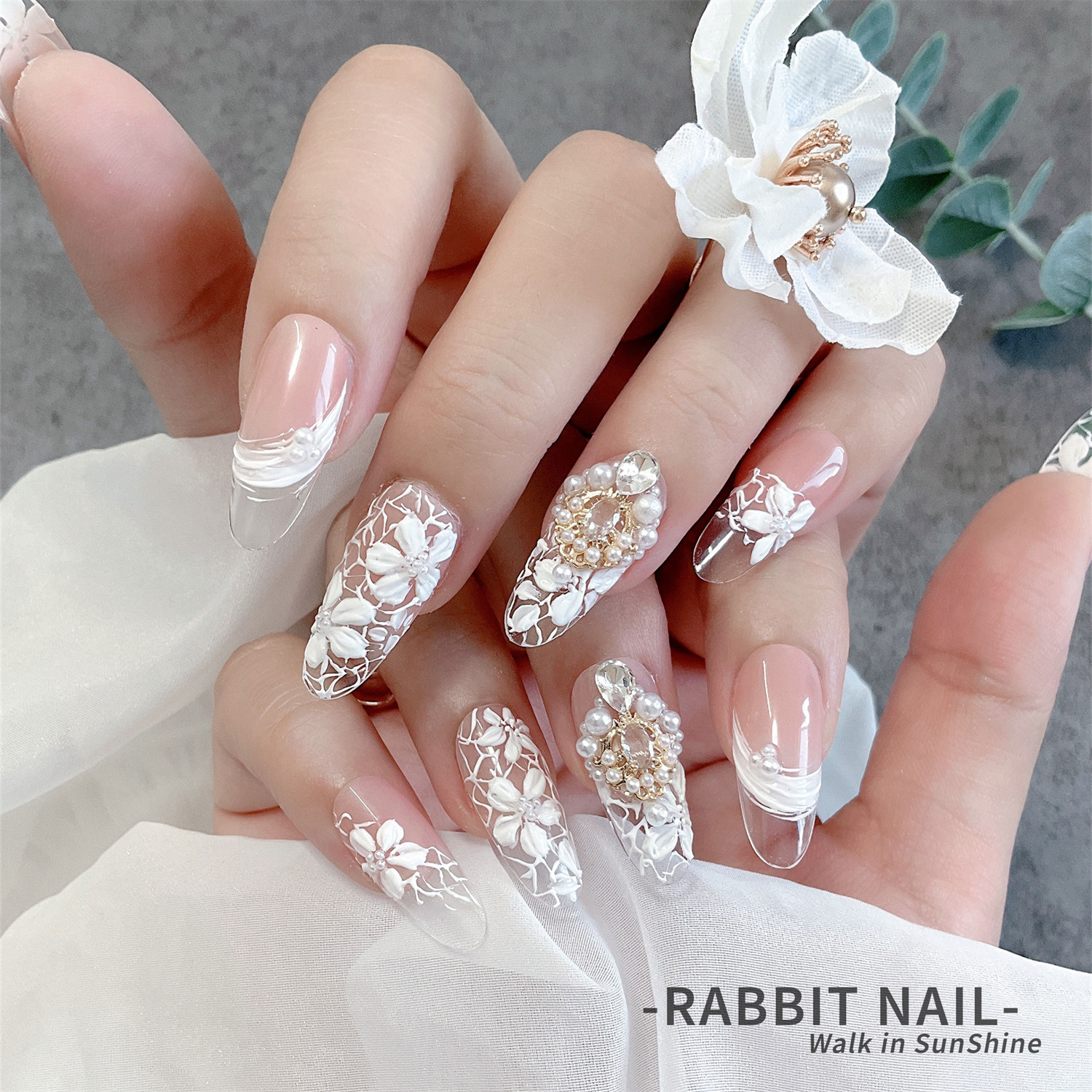 【雪吻蕾丝】白色花朵清新仙女婚甲高级温柔浮雕手绘纯手工穿戴甲