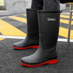 男中高筒时尚防滑防水雨靴平底耐磨工作套鞋加绒抗寒2025新款雨鞋