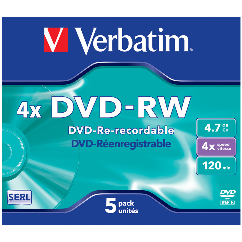 威宝（Verbatim）DVD-RW 光盘/刻录盘 4速4.7GB 单片盒装5片 可重复擦写空白光盘 可擦写DVD刻录盘 办公设备/耗材/相关服务 刻录盘 原图主图