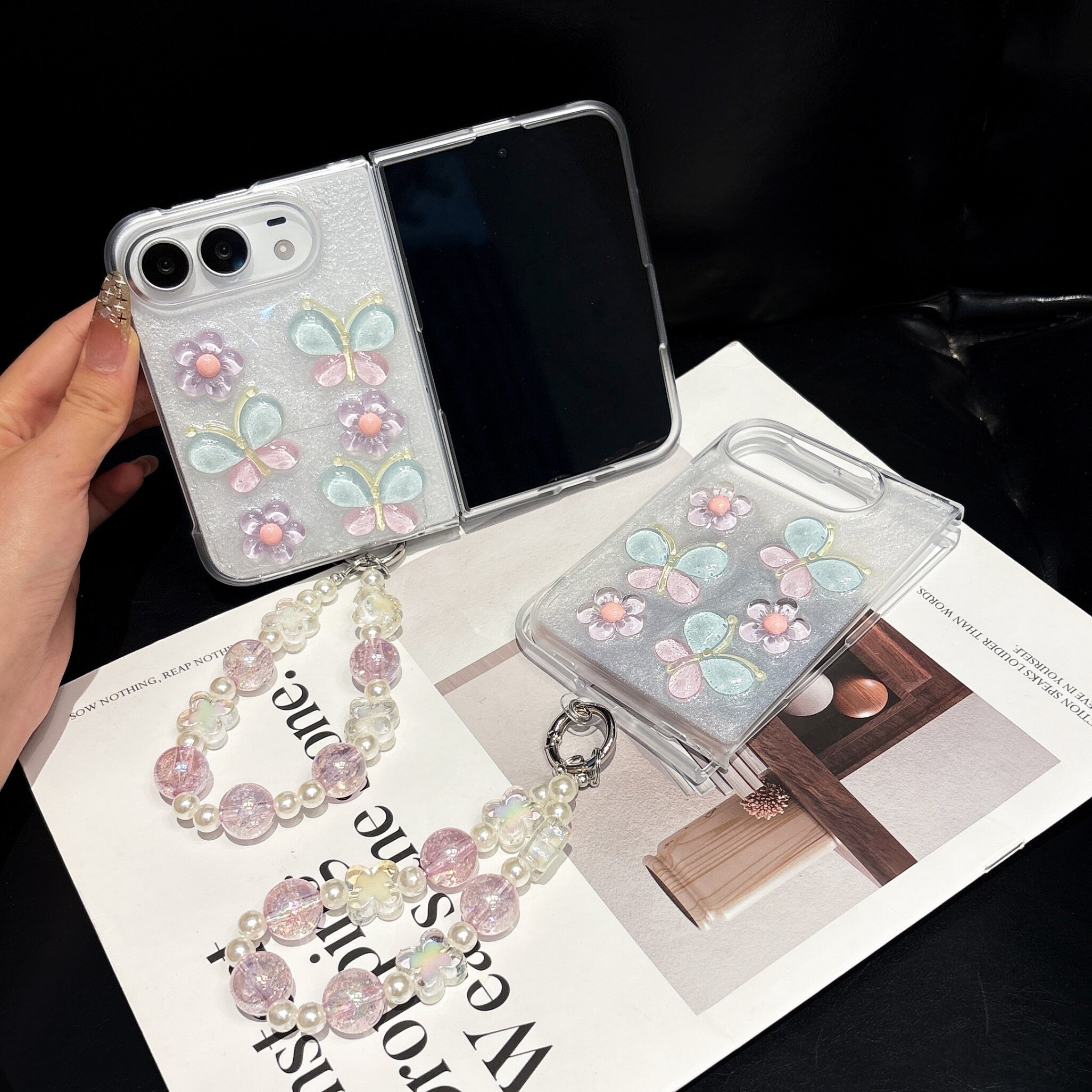适用于iPhone Ultra透明蝴蝶花朵手机壳女款甜美可爱珠链挂绳保护套花朵图案紫透蝶影彩珠可爱风防摔少女风