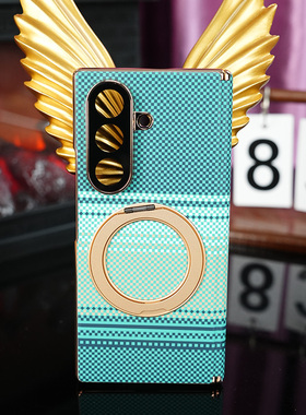 日不落适用三星Galaxy Z Fold7手机壳带支架格纹保护套蓝色防摔壳简约磁吸支架高端时尚潮流印花奢华炫酷金色