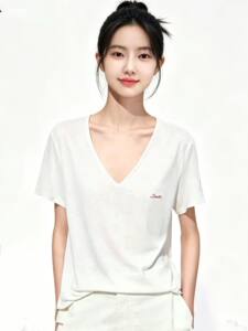 正品剪标Mo2026夏新品V领刺绣亚麻凉感抗菌短袖T恤女MBF2TEET14