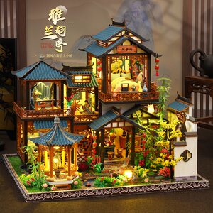 diy手工小屋古风雅韵兰亭别墅积木微缩场景模型生日礼物送男女友