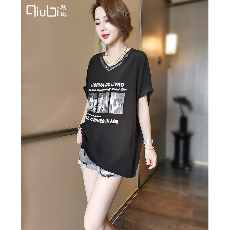 V领黑色雪纺衫女短袖宽松夏季气质时尚洋气上衣设计感小众小衫潮