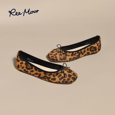 REEMOOR圆头豹纹蝴蝶结芭蕾舞鞋