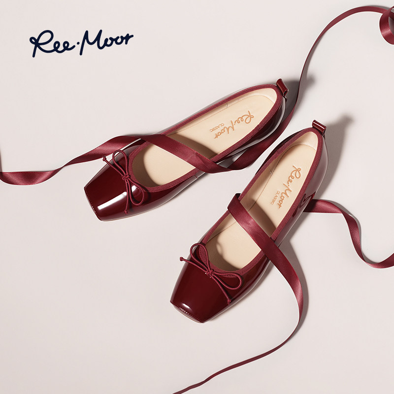 REEMOOR睿慕方头绑带芭蕾舞鞋2026夏新款舒适软底浅口玛丽珍鞋女