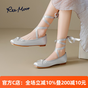 REEMOOR睿慕绑带芭蕾舞鞋 2025春新款 甜美蝴蝶结珍珠平底玛丽珍鞋