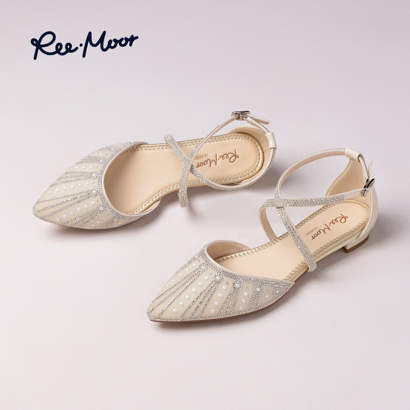 REEMOOR法式尖头水钻凉鞋女2026夏新款浅口绑带单鞋气质百搭婚鞋