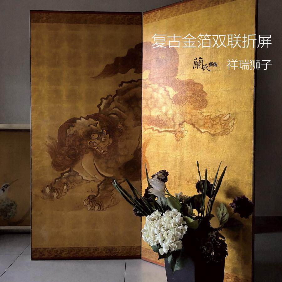 金箔屏风传统中式漆艺折叠屏风日式榻榻米屏风隔断转角背景PF069