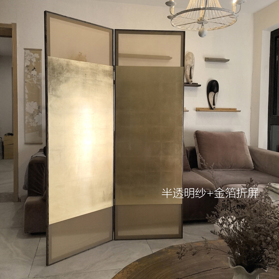中式屏风隔断半透金箔屏客厅入户玄关遮挡现代简约轻奢高级PF073