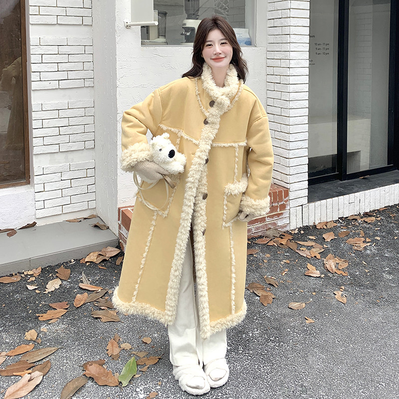 韩系黄色穿搭两面穿皮毛一体大衣女2025冬季新款时尚加厚保暖外套