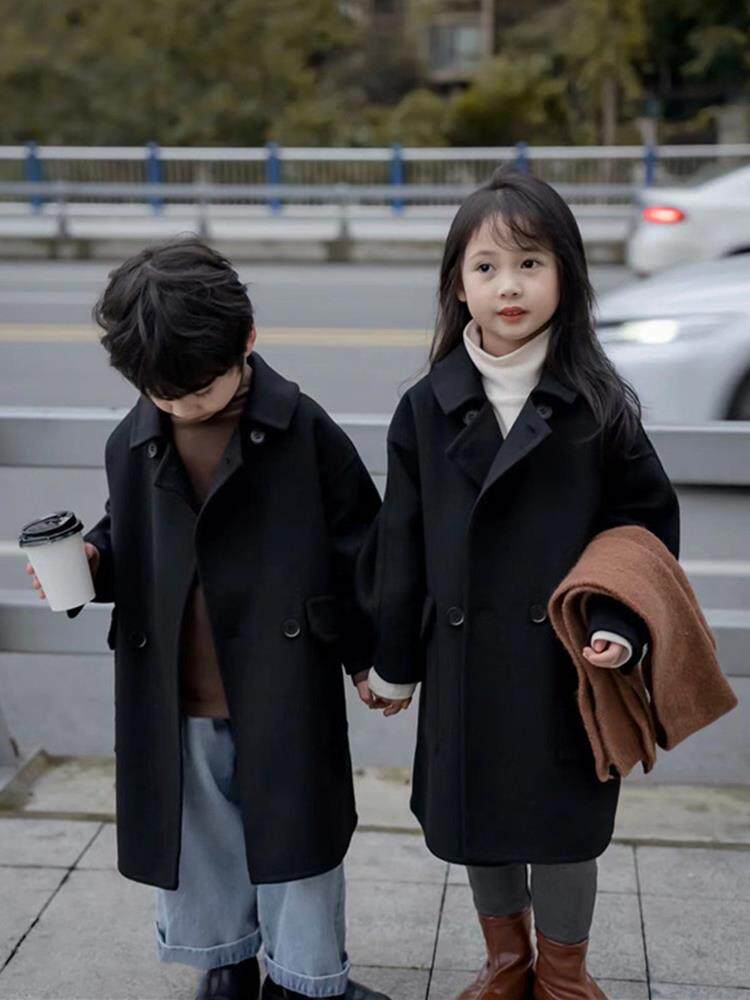 儿童双面羊绒大衣韩版洋气春秋冬款男女童中长款毛呢外套时髦帅男