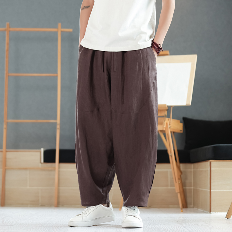 100%纯亚麻裤风哈伦裤夏季复古长裤大码休闲裤九分裤K035P105，男装休闲裤，星座409-1