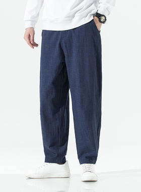 棉麻灰色阔腿裤子中国风松紧腰长裤男拉链门襟亚麻休闲裤K010P65