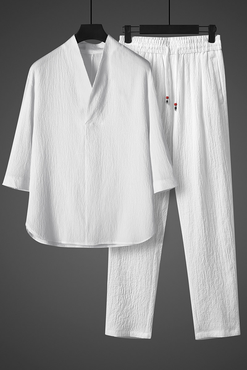 风夏季男士冰丝复古t恤宽松大码禅服薄款半袖套装CK053P110,男装T恤,星座409-1
