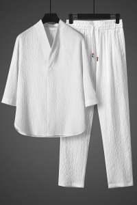 风夏季男士冰丝复古t恤宽松大码禅服薄款半袖套装CK053P110图片