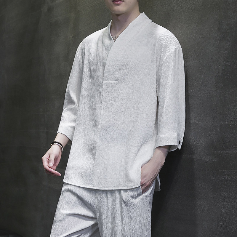 风夏季男装薄款t恤男5分袖汉服茶服夏装男士半袖上衣C053P60,男装T恤,星座409-1