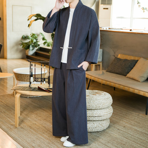 中式布扣唐装男士亚麻汉服民族风棉麻茶艺古装套装M911K013P160