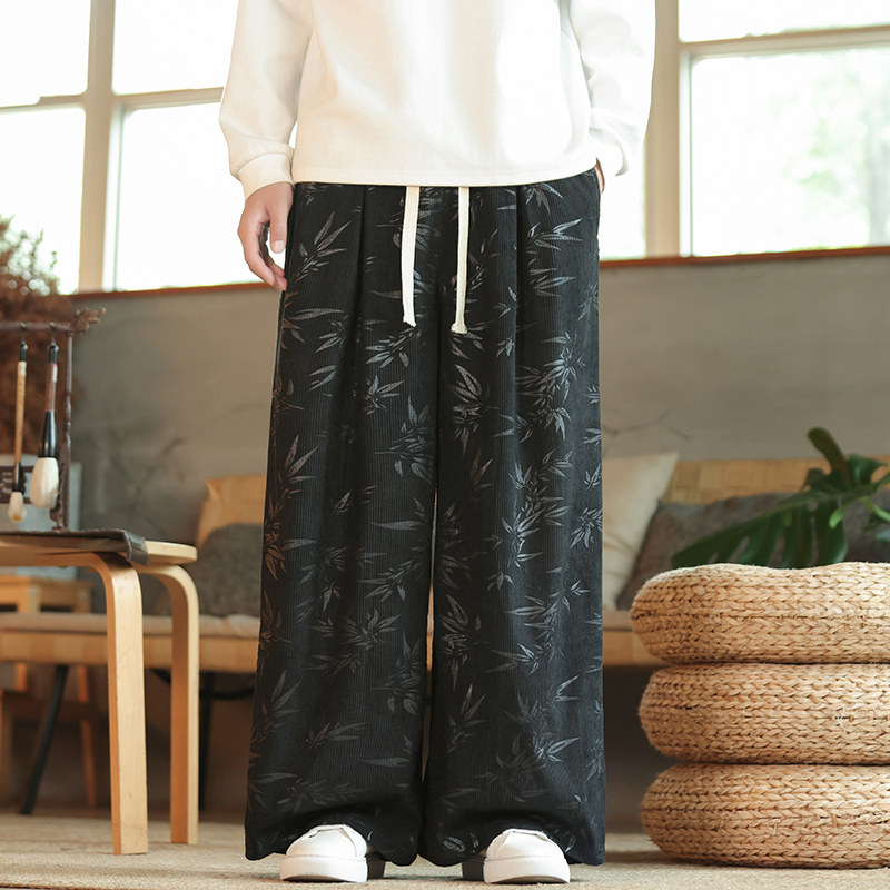 秋冬中国风灯芯绒休闲长裤直筒阔腿裤日系复古条绒哈伦裤K039P55