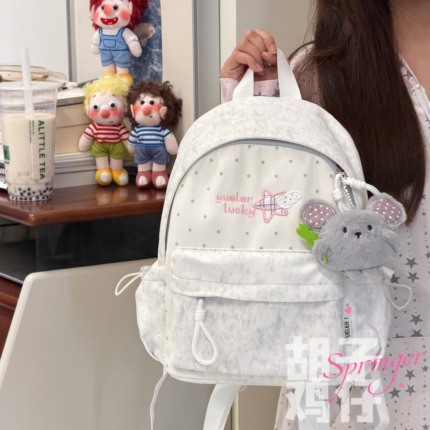 胡子鸡仔韩系波点校园小双肩包女图片