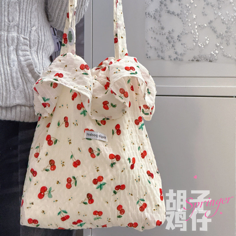 胡子鸡仔田园风碎花帆布包包女时尚樱桃手提布袋大容量单肩托特包