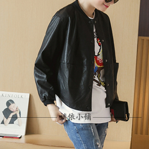 短款春秋宽松休闲时尚百搭PU短外套大码女圆领机车夹克棒球服女潮