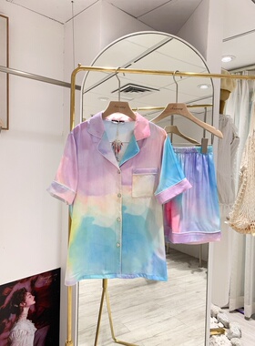 芮欧瑞新款短袖睡衣套装女士渐变艺术涂鸦居家服高密绸缎R213059