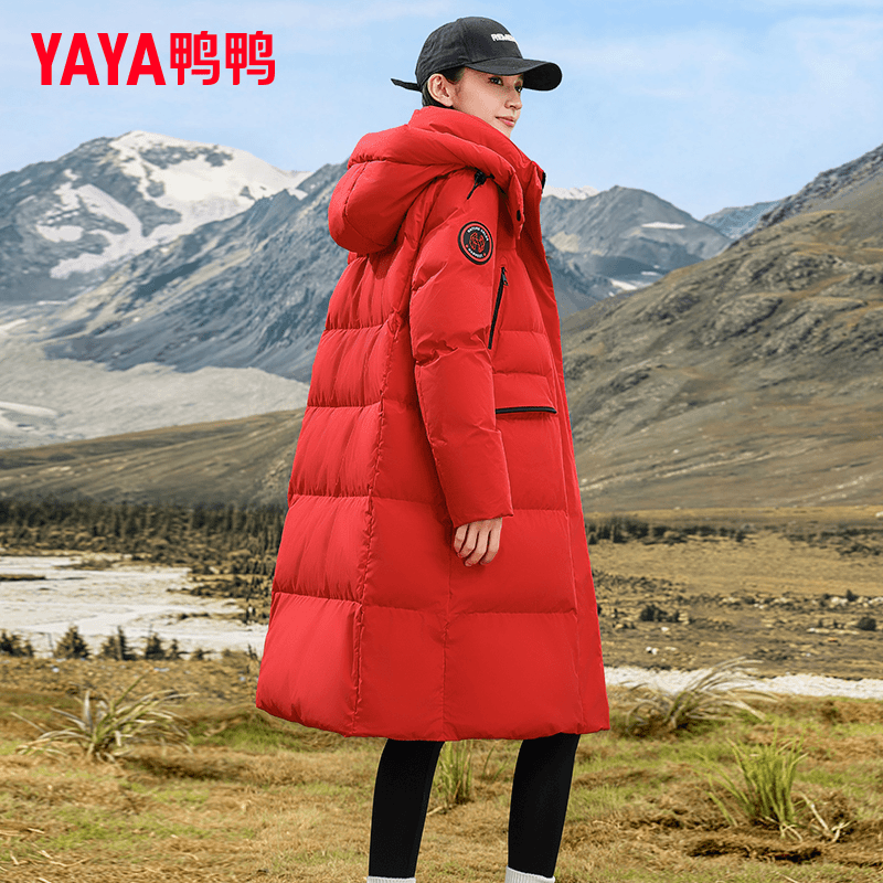 鸭鸭户外滑雪羽绒服女2024秋冬新品中长款连帽工装保暖鸭绒外套A