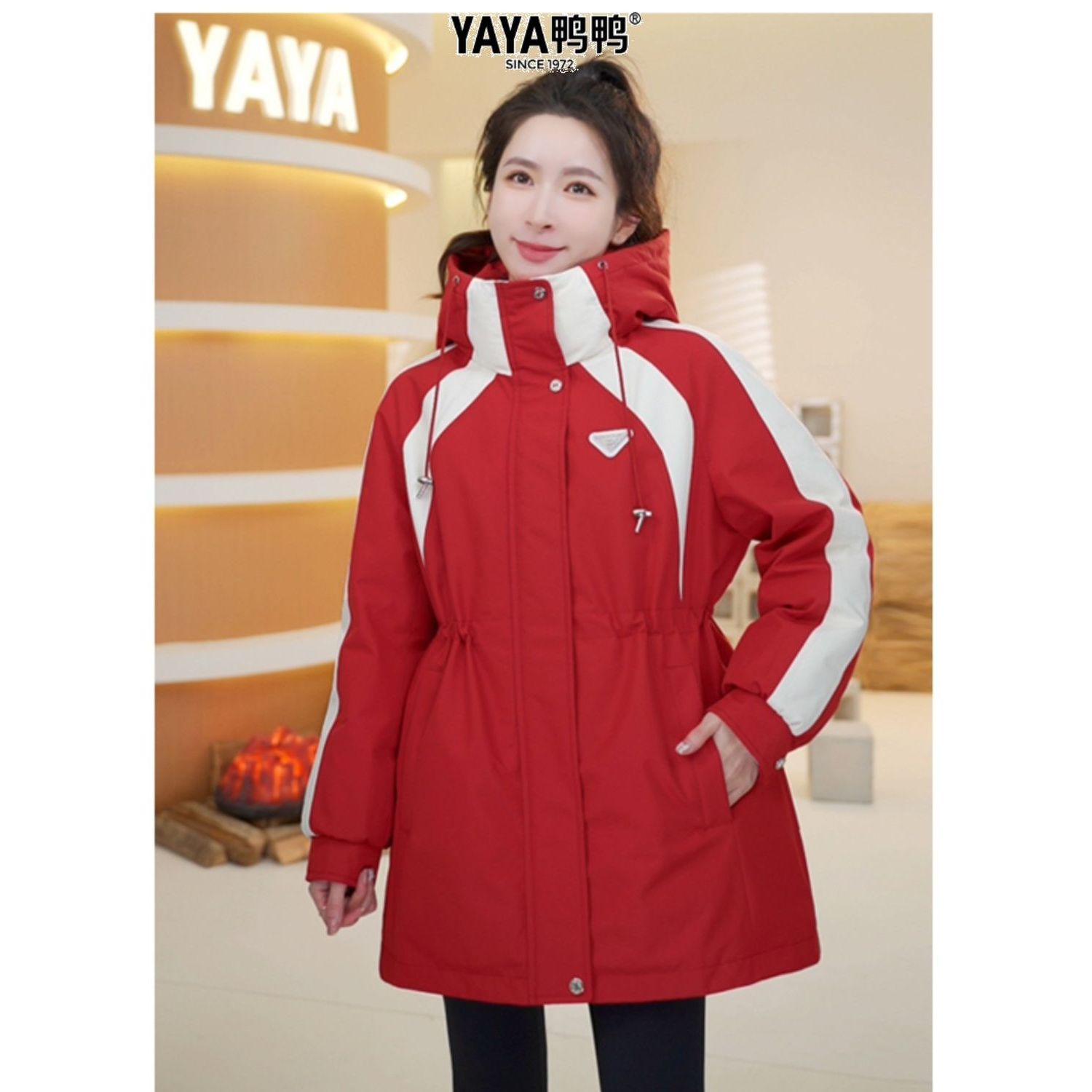 鸭鸭红色派克服中长款羽绒服女冬季2024新款时尚收腰冲锋衣外套潮