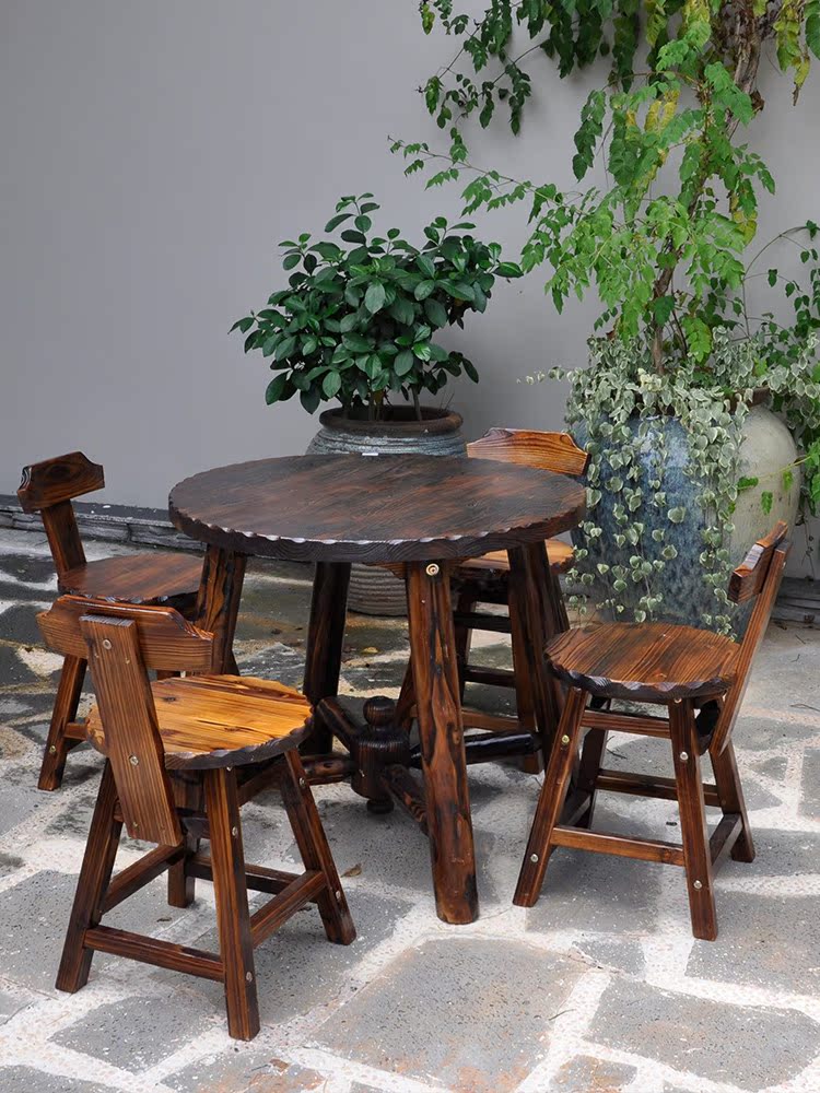 户外桌椅庭院户外露天阳台桌椅休闲防腐实木加厚花园蕾丝桌椅组合