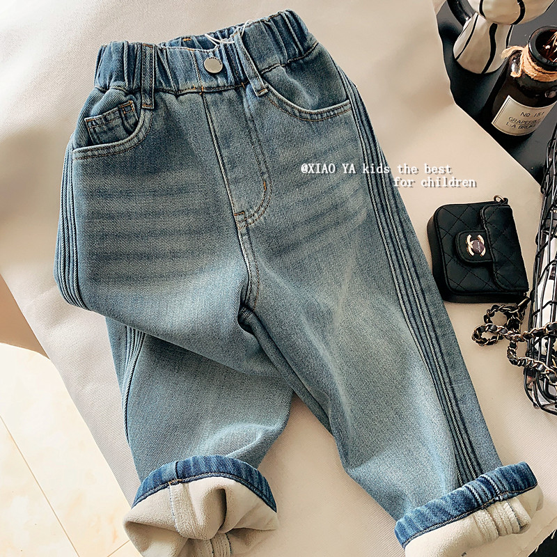 韩版女童加绒拼接牛仔裤子冬季