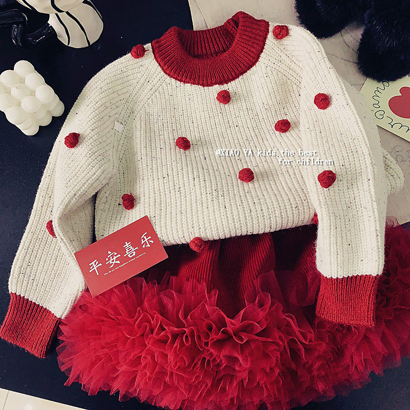 女童立体毛球球厚毛衣冬季女孩拼色圆领针织衫儿童宝宝加厚套头衫